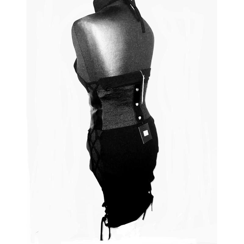 Elegant Lace-up Side & Tie Neck, Midi Dress with Corset